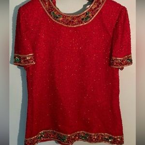 🔥 Papell Boutique Sequin Red with Gold Trim Top. Size L / XL